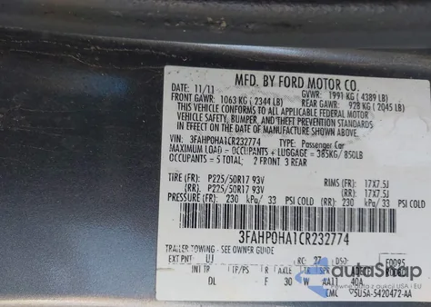 2012 Ford Fusion Se z USA, uszkodzony, nr VIN 3FAHP0HA1CR232774